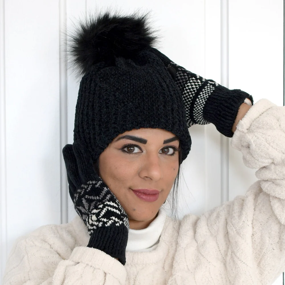 Women's Chenille Hat with Faux Fur Pom - Image 8